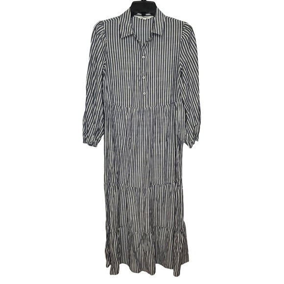 MAX STUDIO LONDON Dresses & Skirts - MAX STUDIO LONDON Small Blue Striped Tiered Maxi Shirt Dress Long Sleeve Collar